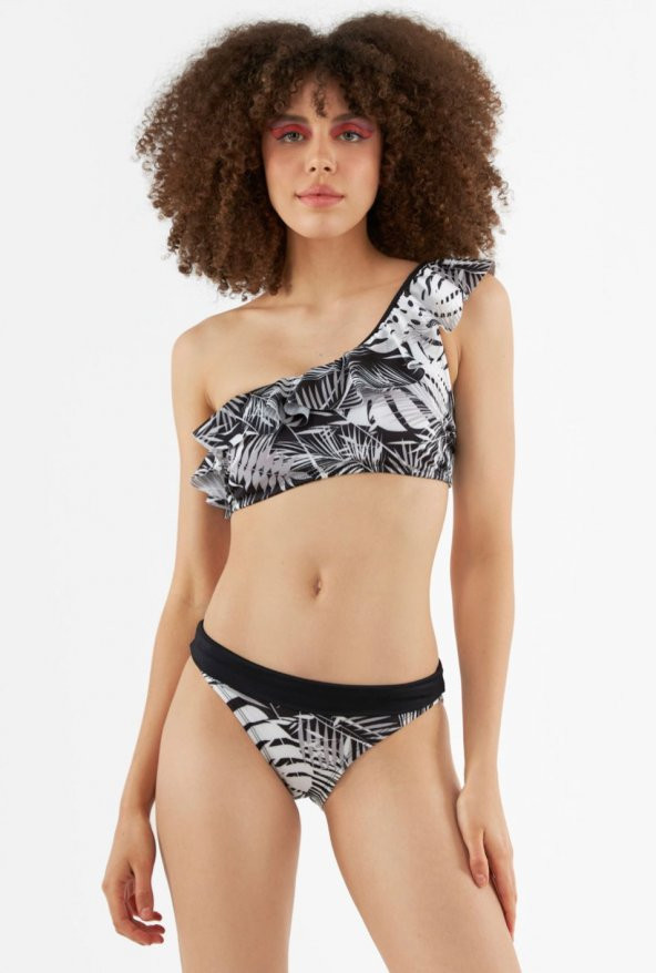 SİYAH BEYAZ YAPRAK DESEN TEK OMUZ BİKİNİ TAKIMI ürün görseli