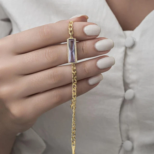 Mor Baget Taşlı Altın Kaplama 925 Gümüş Kadın Bileklik