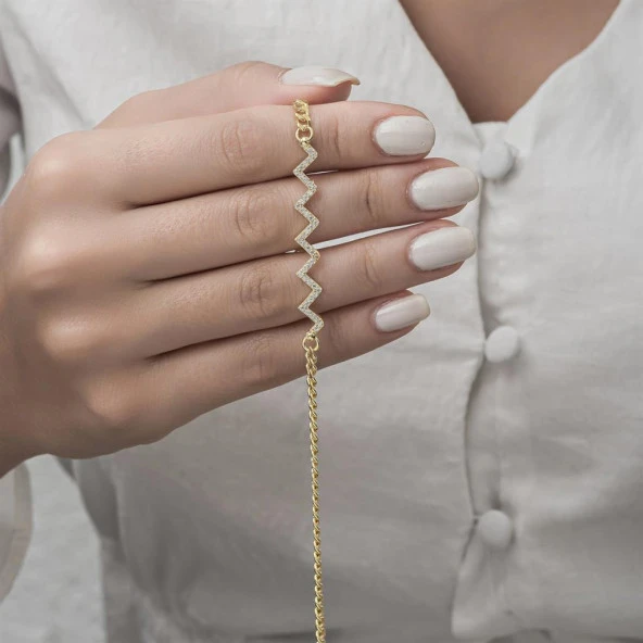 Zikzak Desenli Altın Kaplama Taşlı 925 Gümüş Kadın Bileklik - 2