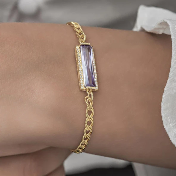 Mor Baget Taşlı Altın Kaplama 925 Gümüş Kadın Bileklik - 3