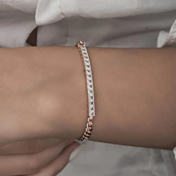 Sıra Baget Taşlı Gurmet Zincirli Rose Kaplama 925 Gümüş Kadın Bileklik - 4