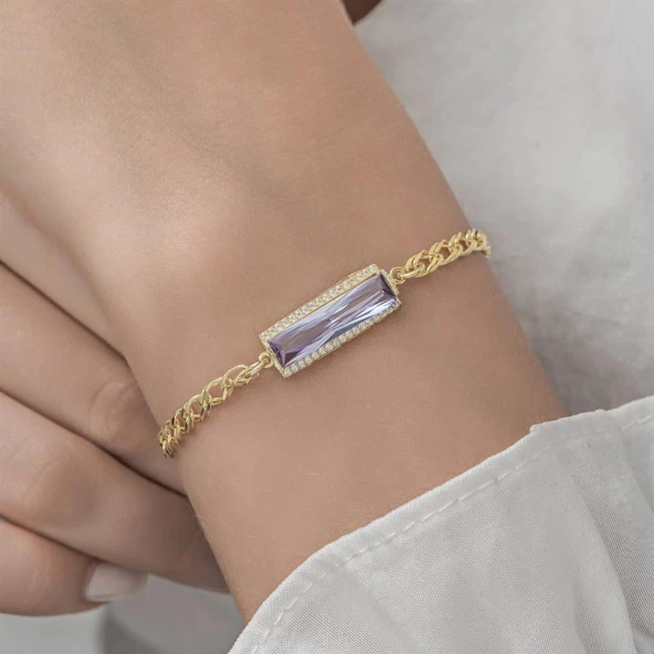 Mor Baget Taşlı Altın Kaplama 925 Gümüş Kadın Bileklik - 4