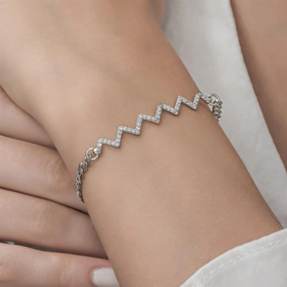 Zikzak Desenli Rodyum Kaplama Taşlı 925 Gümüş Kadın Bileklik - 5