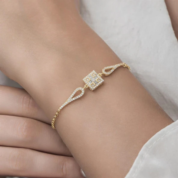 Zirkon Kare Baget Taşlı Altın Kaplama 925 Gümüş Kadın Bileklik - 5