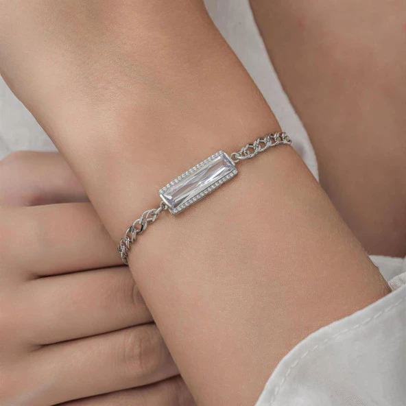 Beyaz Zirkon Baget Taşlı Rodyum Kaplama 925 Gümüş Kadın Bileklik - 2