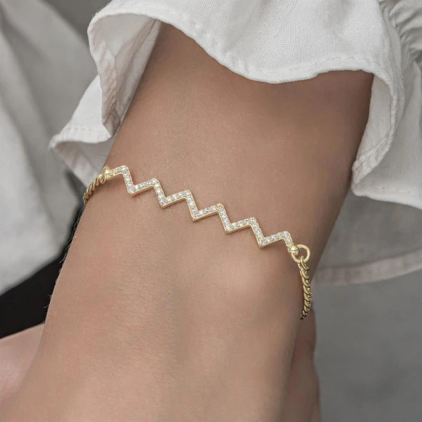 Zikzak Desenli Altın Kaplama Taşlı 925 Gümüş Kadın Bileklik - 5