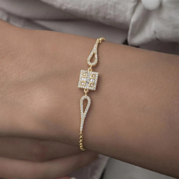 Zirkon Kare Baget Taşlı Altın Kaplama 925 Gümüş Kadın Bileklik - 6