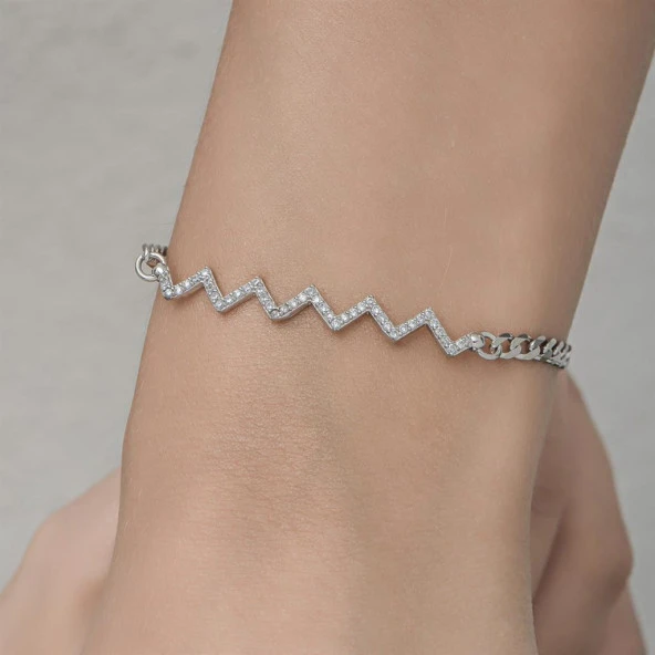Zikzak Desenli Rodyum Kaplama Taşlı 925 Gümüş Kadın Bileklik - 6