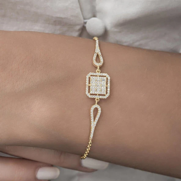 Zirkon Süslemeli Baget Taşlı Altın Kaplama 925 Gümüş Kadın Bileklik - 6