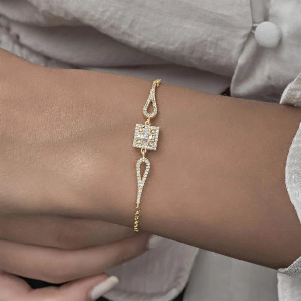Zirkon Kare Baget Taşlı Altın Kaplama 925 Gümüş Kadın Bileklik - 7