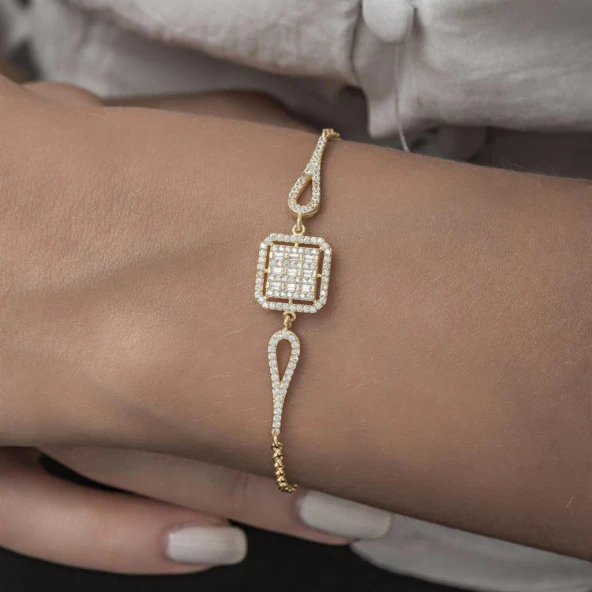 Zirkon Süslemeli Baget Taşlı Altın Kaplama 925 Gümüş Kadın Bileklik - 7