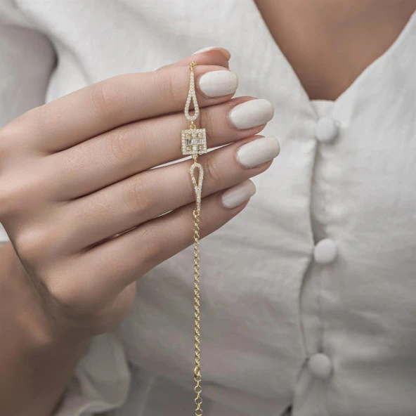 Zirkon Kare Baget Taşlı Altın Kaplama 925 Gümüş Kadın Bileklik - 8