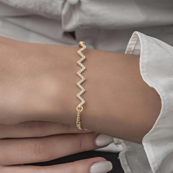 Zikzak Desenli Altın Kaplama Taşlı 925 Gümüş Kadın Bileklik - 9