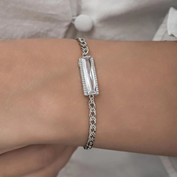Beyaz Zirkon Baget Taşlı Rodyum Kaplama 925 Gümüş Kadın Bileklik - 6