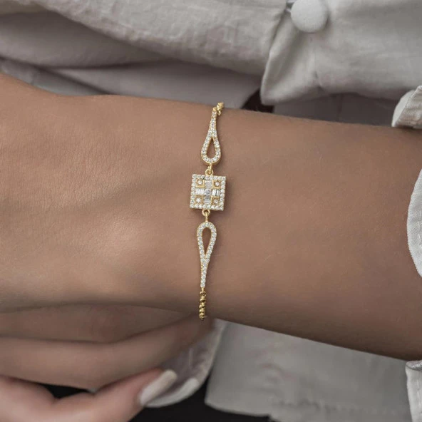 Zirkon Kare Baget Taşlı Altın Kaplama 925 Gümüş Kadın Bileklik - 11