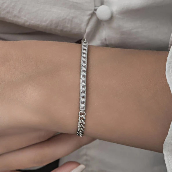 Sıra Baget Taşlı Gurmet Zincirli 925 Gümüş Kadın Bileklik - 4