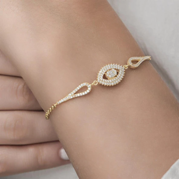 Altın Kaplama Elips Model 925 Gümüş Kadın Bileklik - 5