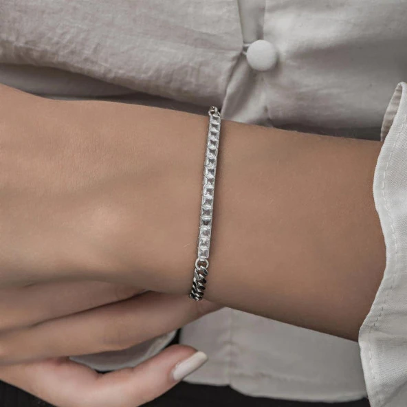 Sıra Baget Taşlı Gurmet Zincirli 925 Gümüş Kadın Bileklik - 5