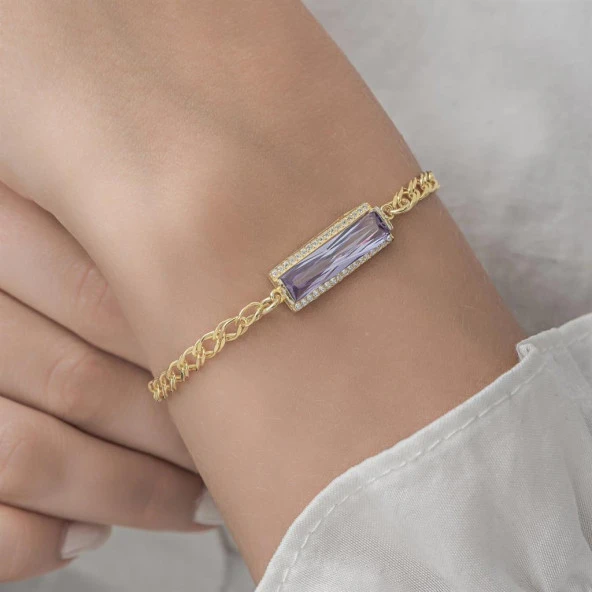 Mor Baget Taşlı Altın Kaplama 925 Gümüş Kadın Bileklik - 5