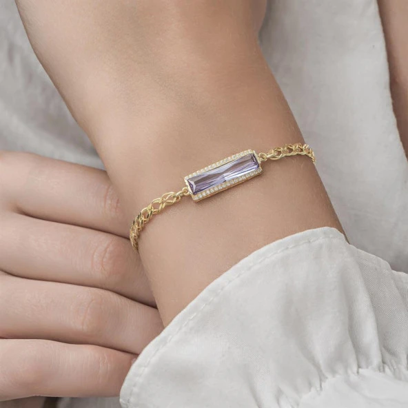 Mor Baget Taşlı Altın Kaplama 925 Gümüş Kadın Bileklik - 6