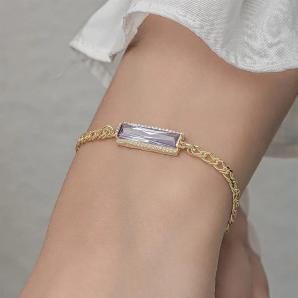 Mor Baget Taşlı Altın Kaplama 925 Gümüş Kadın Bileklik - 7