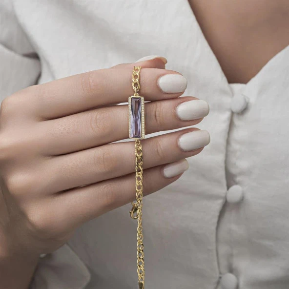 Mor Baget Taşlı Altın Kaplama 925 Gümüş Kadın Bileklik - 8