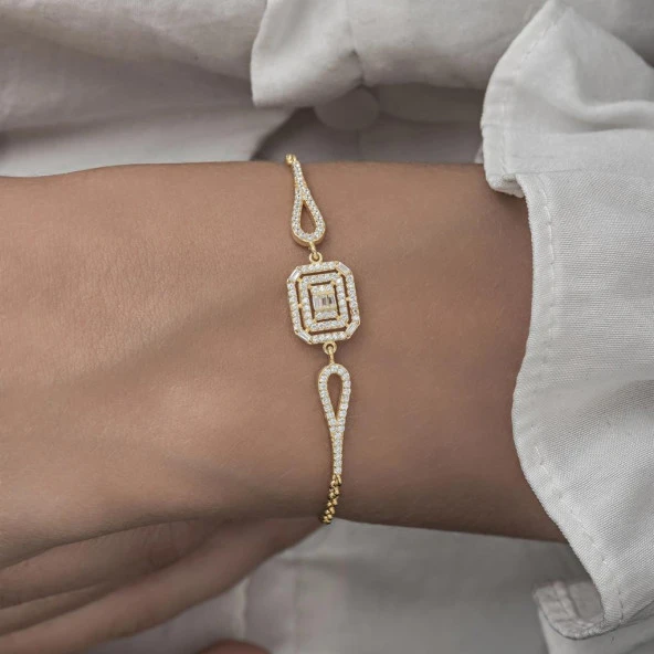 Zirkon Süslemeli Baget Taşlı Altın Kaplama 925 Gümüş Kadın Bileklik - 9