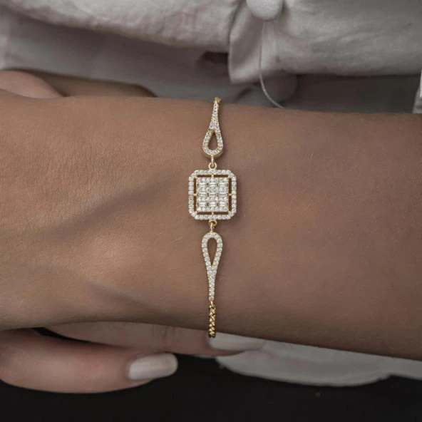Zirkon Süslemeli Baget Taşlı Altın Kaplama 925 Gümüş Kadın Bileklik - 11