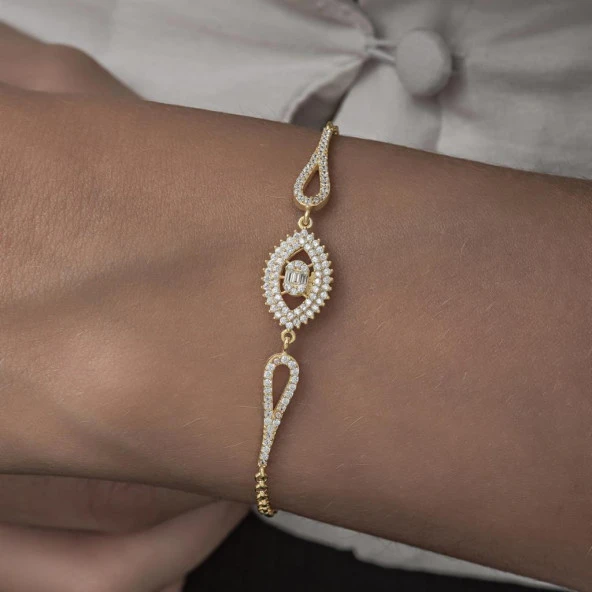 Altın Kaplama Elips Model 925 Gümüş Kadın Bileklik - 6