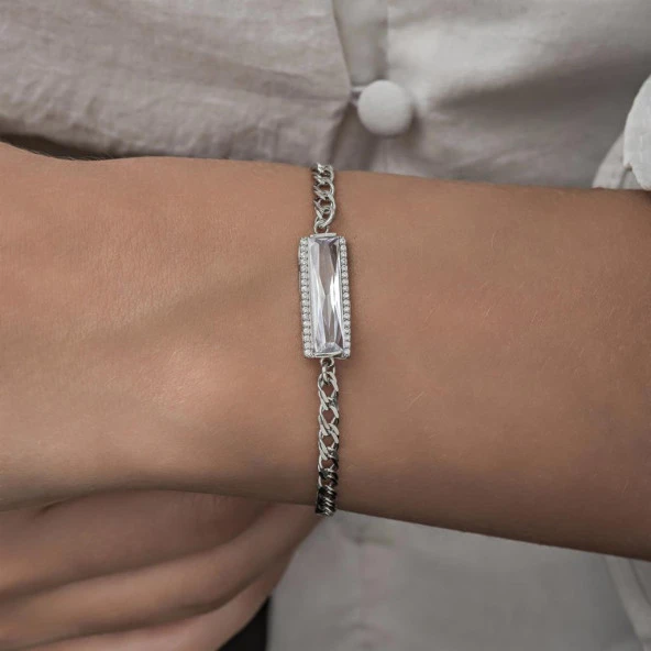 Beyaz Zirkon Baget Taşlı Rodyum Kaplama 925 Gümüş Kadın Bileklik - 11