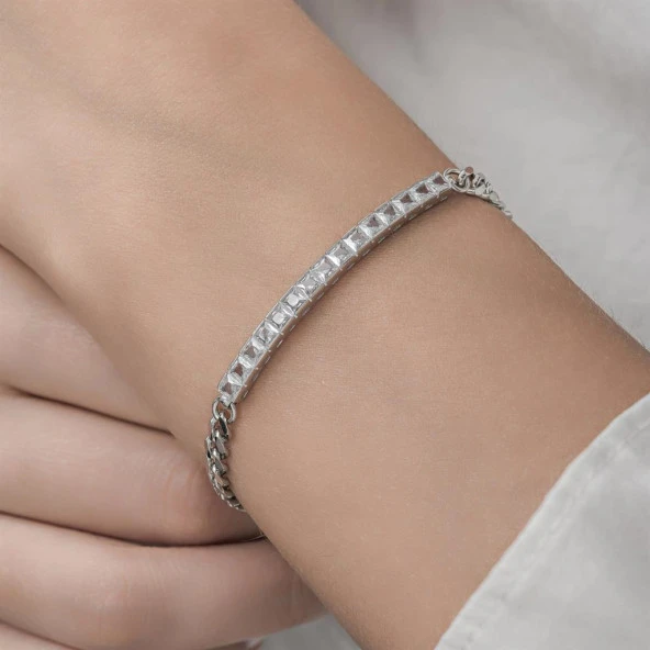 Sıra Baget Taşlı Gurmet Zincirli 925 Gümüş Kadın Bileklik - 7