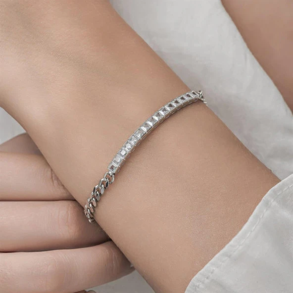 Sıra Baget Taşlı Gurmet Zincirli 925 Gümüş Kadın Bileklik - 8