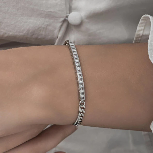Sıra Baget Taşlı Gurmet Zincirli 925 Gümüş Kadın Bileklik - 10