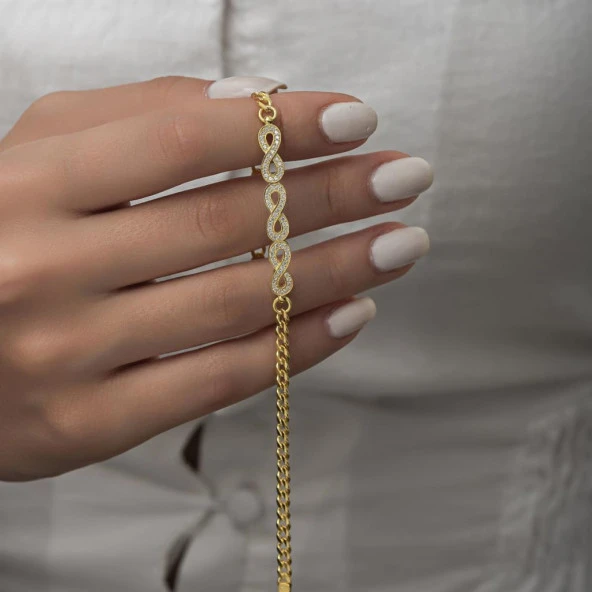 Sonsuzluk Desenli Altın Kaplama Gurmet Zincir 925 Gümüş Kadın Bileklik