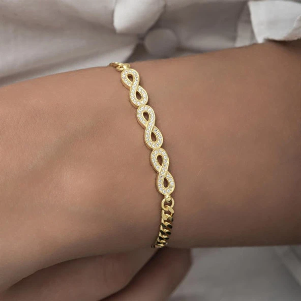 Sonsuzluk Desenli Altın Kaplama Gurmet Zincir 925 Gümüş Kadın Bileklik - 2