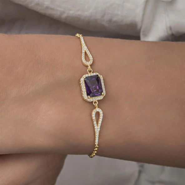 Zirkon Mor Baget Taşlı Altın Kaplama 925 Gümüş Kadın Bileklik - 3