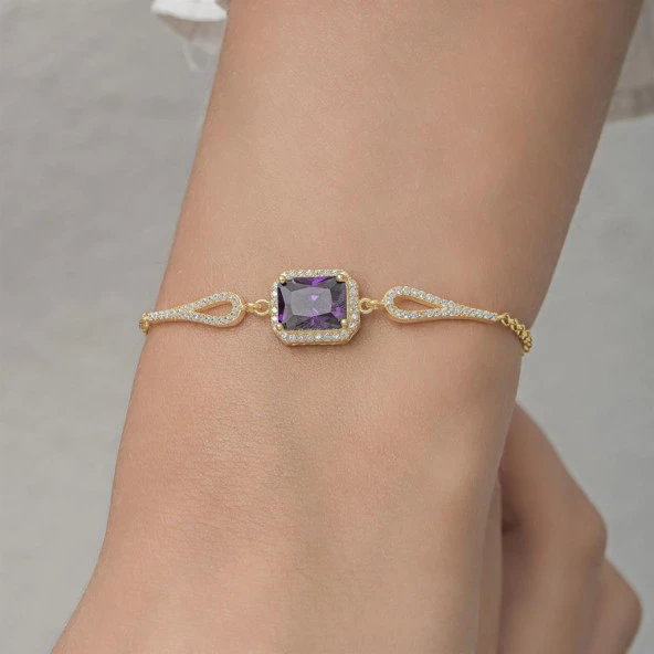 Zirkon Mor Baget Taşlı Altın Kaplama 925 Gümüş Kadın Bileklik - 4