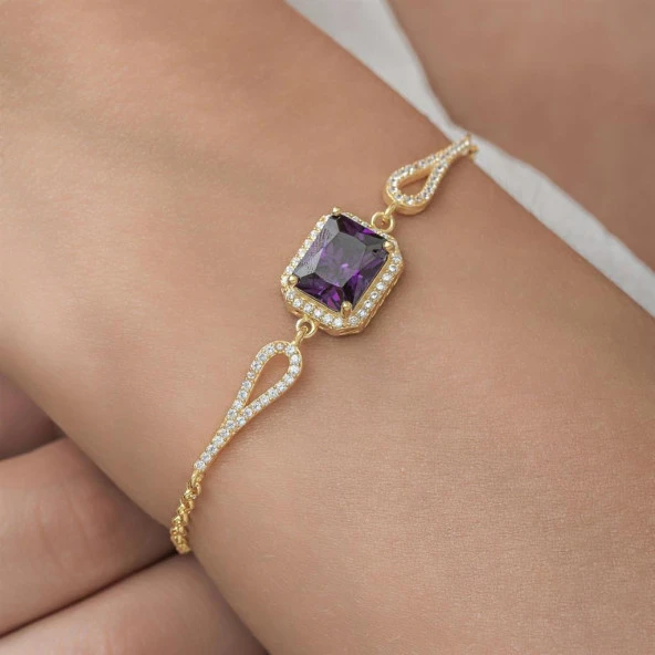 Zirkon Mor Baget Taşlı Altın Kaplama 925 Gümüş Kadın Bileklik - 6