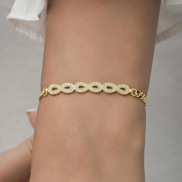 Sonsuzluk Desenli Altın Kaplama Gurmet Zincir 925 Gümüş Kadın Bileklik - 4