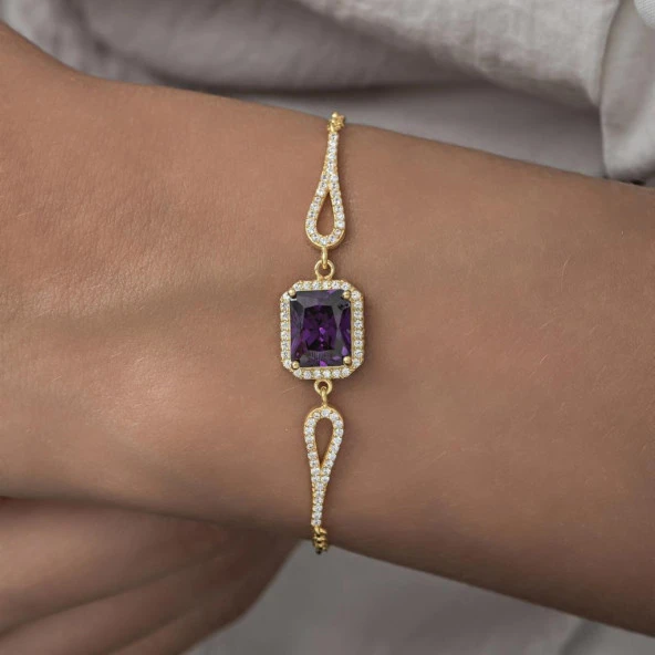 Zirkon Mor Baget Taşlı Altın Kaplama 925 Gümüş Kadın Bileklik - 9