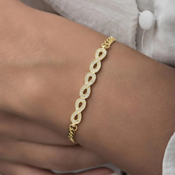 Sonsuzluk Desenli Altın Kaplama Gurmet Zincir 925 Gümüş Kadın Bileklik - 6