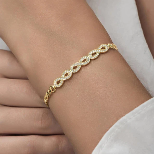 Sonsuzluk Desenli Altın Kaplama Gurmet Zincir 925 Gümüş Kadın Bileklik - 7