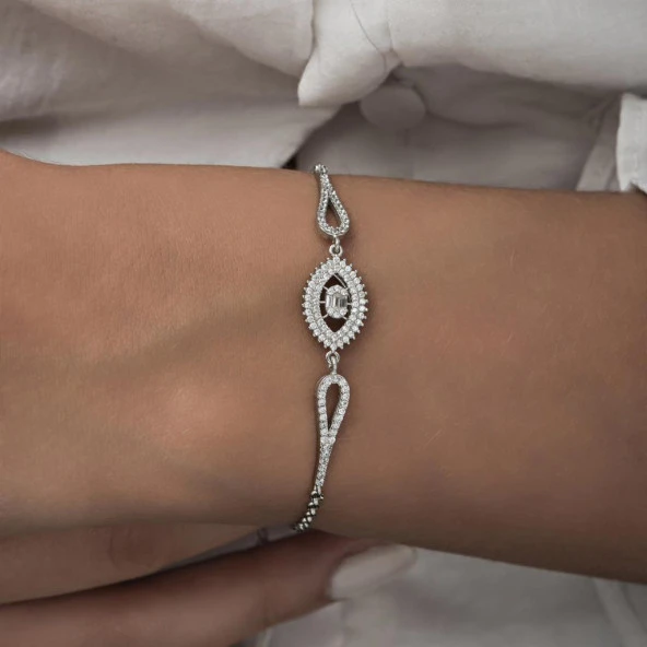 Rodyum Kaplama Elips Model 925 Gümüş Kadın Bileklik - 3