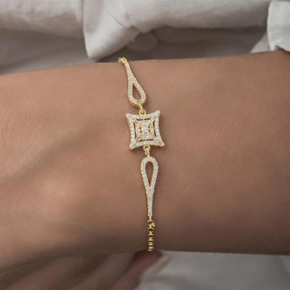 Zirkon Süslemeli Baget Taşlı Altın Kaplama 925 Gümüş Kadın Bileklik - 4