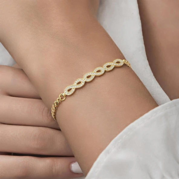 Sonsuzluk Desenli Altın Kaplama Gurmet Zincir 925 Gümüş Kadın Bileklik - 10