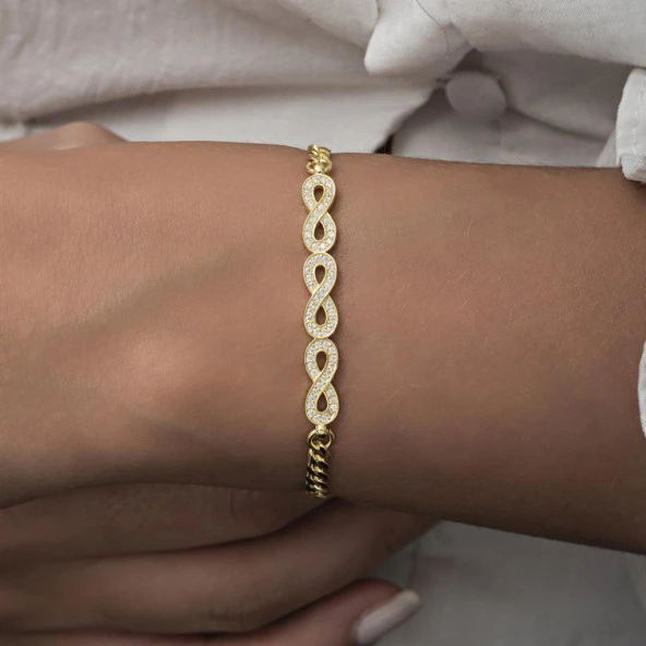 Sonsuzluk Desenli Altın Kaplama Gurmet Zincir 925 Gümüş Kadın Bileklik - 12