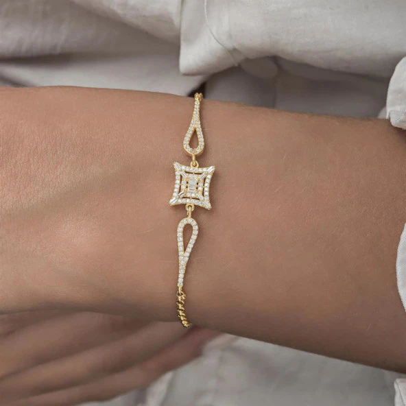 Zirkon Süslemeli Baget Taşlı Altın Kaplama 925 Gümüş Kadın Bileklik - 9