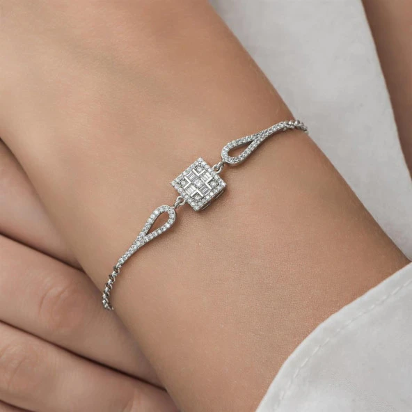 Zirkon Süslemeli Baget Taşlı 925 Gümüş Kadın Bileklik - 6