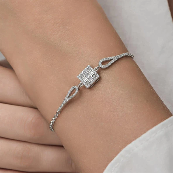 Zirkon Süslemeli Baget Taşlı 925 Gümüş Kadın Bileklik - 7
