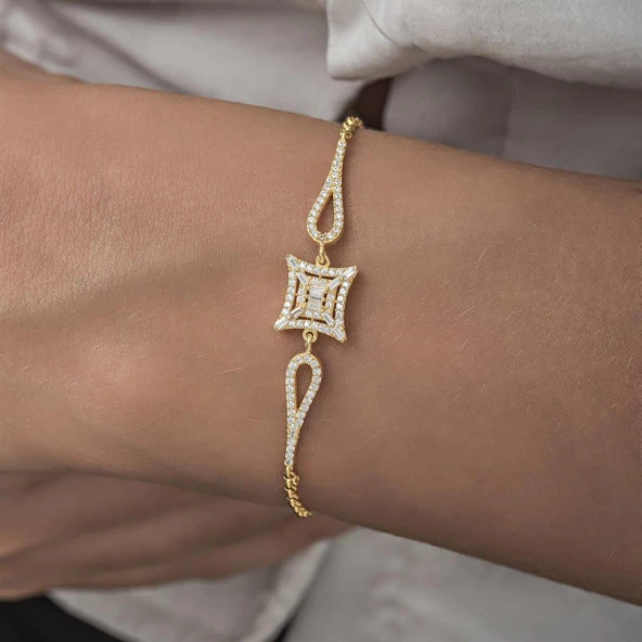 Zirkon Süslemeli Baget Taşlı Altın Kaplama 925 Gümüş Kadın Bileklik - 10